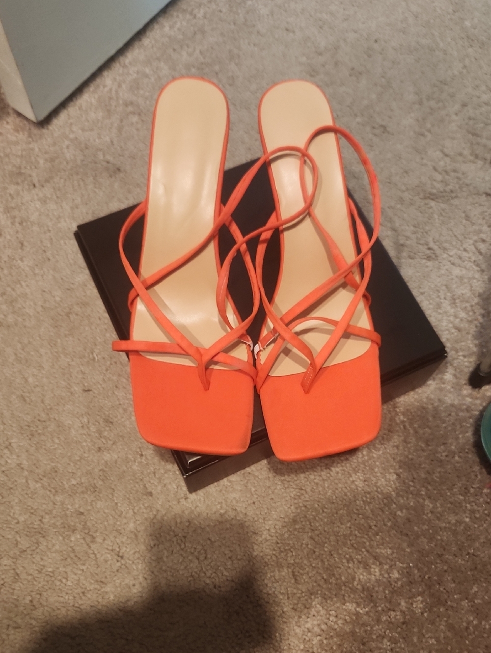 Women's Orange Strappy Square-Toe Heeled Sandals